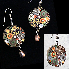 Quilled Paper Treasures - Round earrings in brown, orange, green, white, and silver