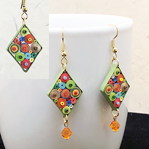 Quilled Paper Treasures - Diamond earrings in multiple colors with green border